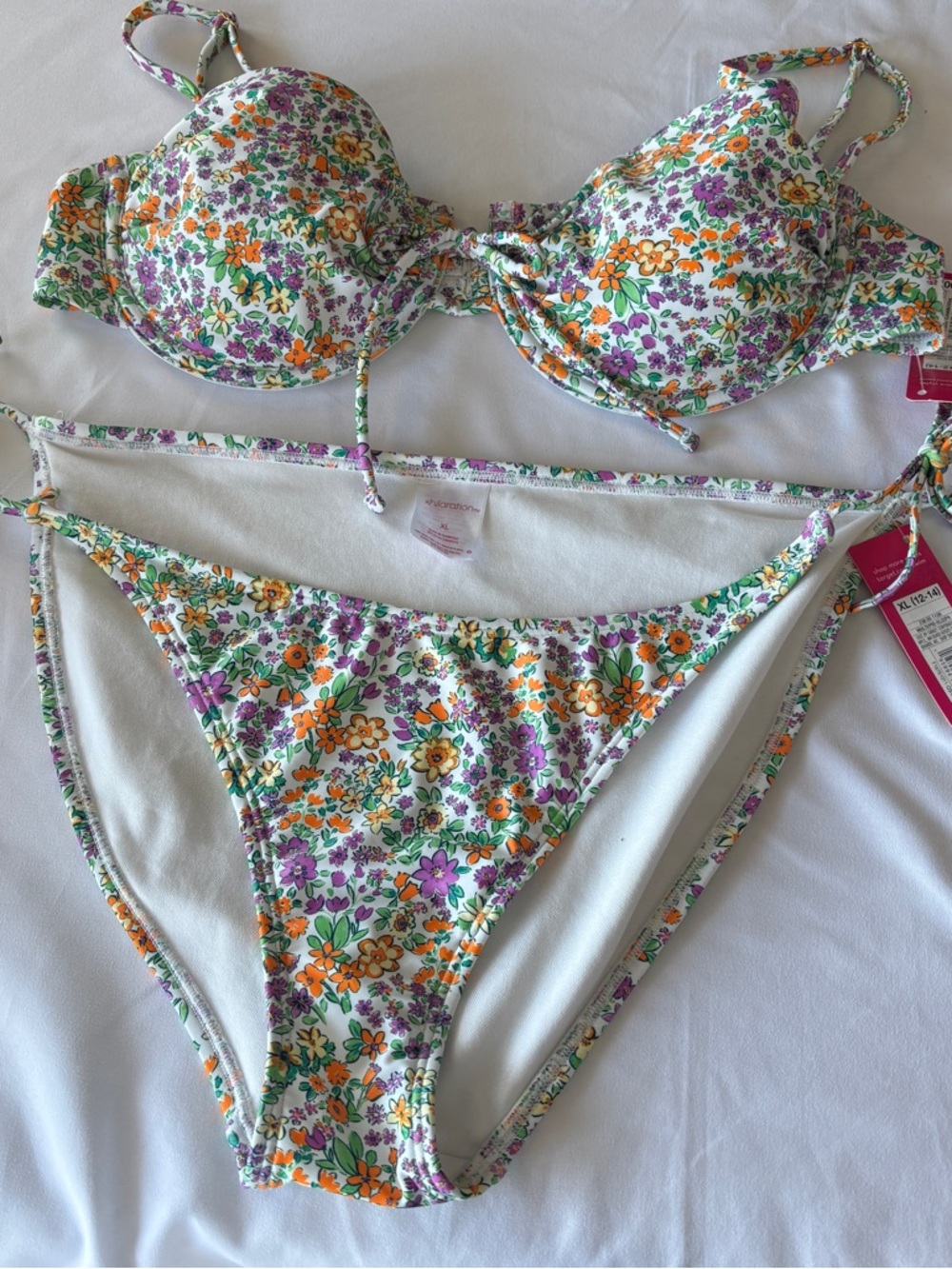 Floral Print Underwire Bikini Set - White Orange & Purple FloralString bottom